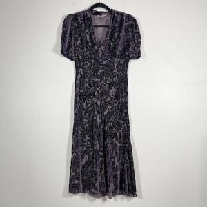 Vivienne Tam Velvet Cocktail Dress Womens 2 Purple Paisley Semi-Sheer Fit‎ Flare